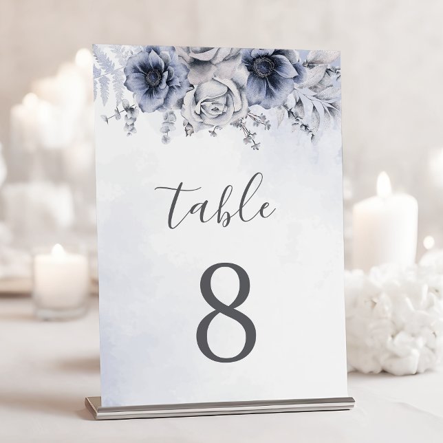 Numéro De Table Mariage Élégant Bleu Dusty Et Floral Navy (Créateur téléchargé)