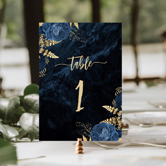Numéro De Table Mariage élégant bleu marine or floral (Créateur téléchargé)
