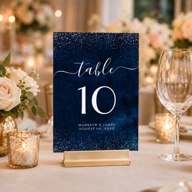 Numéro De Table Mariage élégant bleu marine paillettes argentées (Créateur téléchargé)