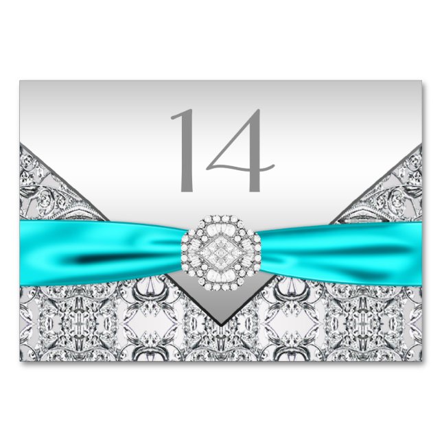 Numéro De Table Mariage élégant bleu sarcelle argent (Devant)