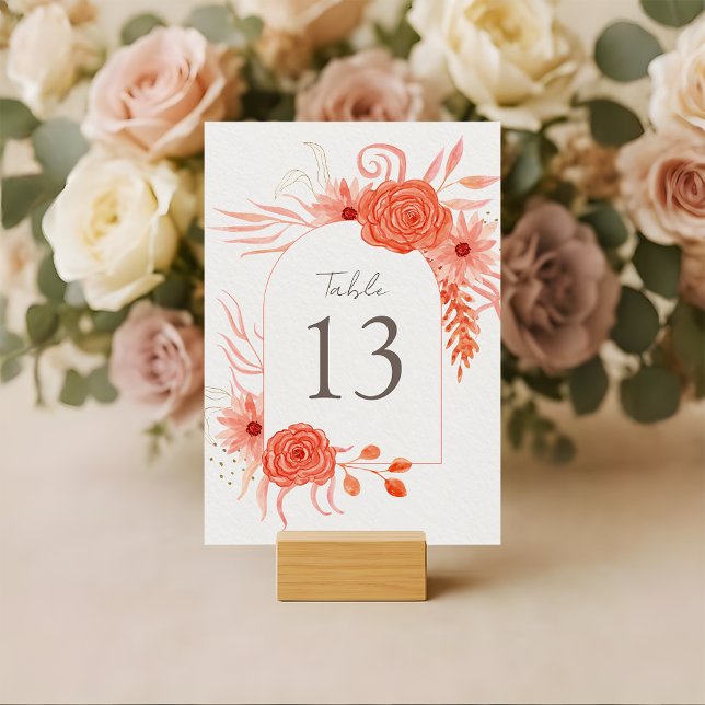 Numéro De Table Mariage Élégant Corail Floral Terracotta (Créateur téléchargé)