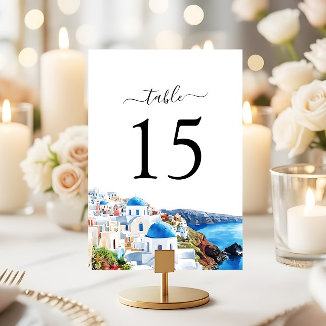Numéro De Table Mariage élégant côtier à Santorin à l'aquarelle (Créateur téléchargé)