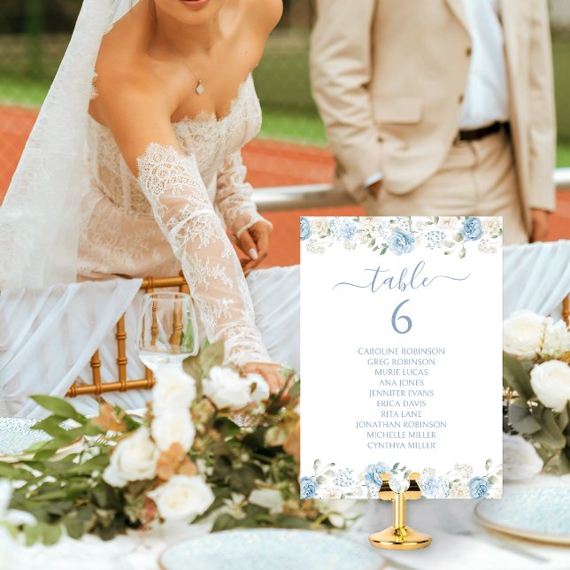 Numéro De Table Mariage Élégant Crête Florale Bleue Blanche (Créateur téléchargé)
