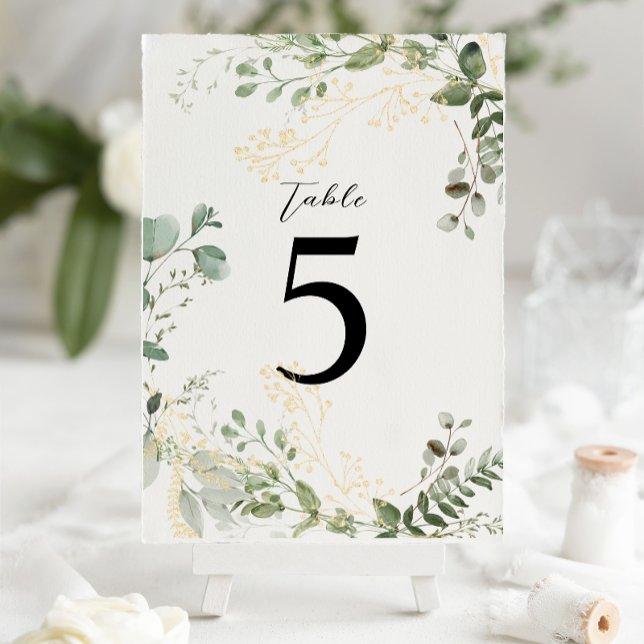 Numéro De Table Mariage Élégant Eucalyptus Or et Verdure (Créateur téléchargé)