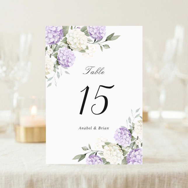 Numéro De Table Mariage Élégant Fleurs Hydrangea Violet Verdure (Créateur téléchargé)