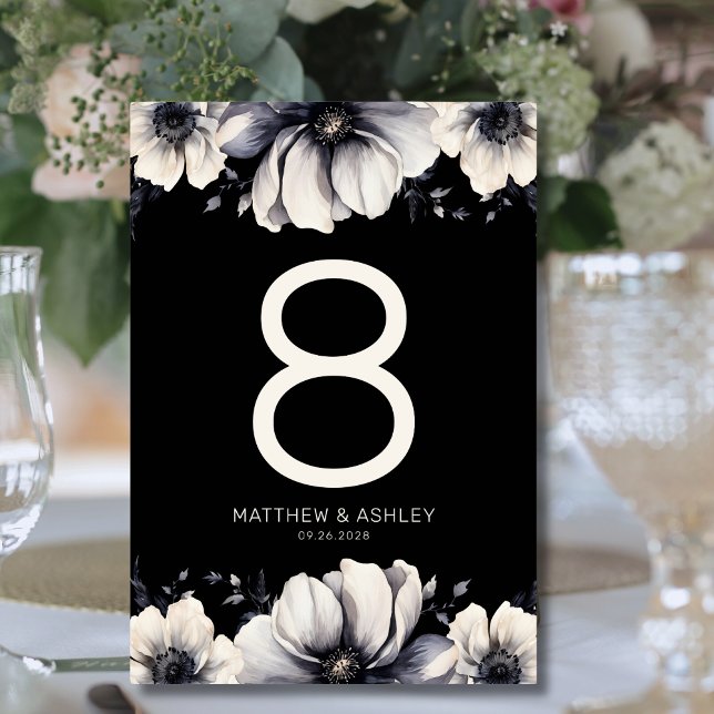 Numéro De Table Mariage Élégant Fleurs Noires (Elegant Black Floral Wedding Table Number)