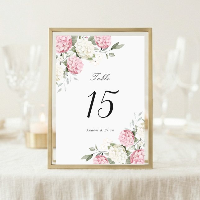 Numéro De Table Mariage Élégant Fleurs Roses Hydrangea Verdure (Créateur téléchargé)