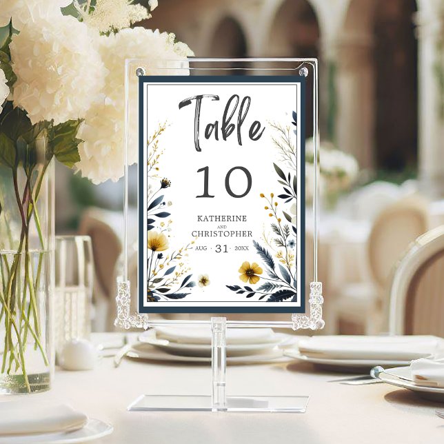 Numéro De Table Mariage élégant Floral Jaune bleu (Blue Yellow Wildflowers Wedding Elegant Formal Table Number.)