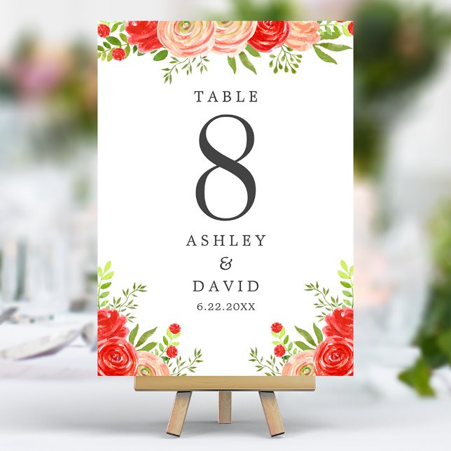 Numéro De Table Mariage Élégant Floral Rose et Rouge (Créateur téléchargé)