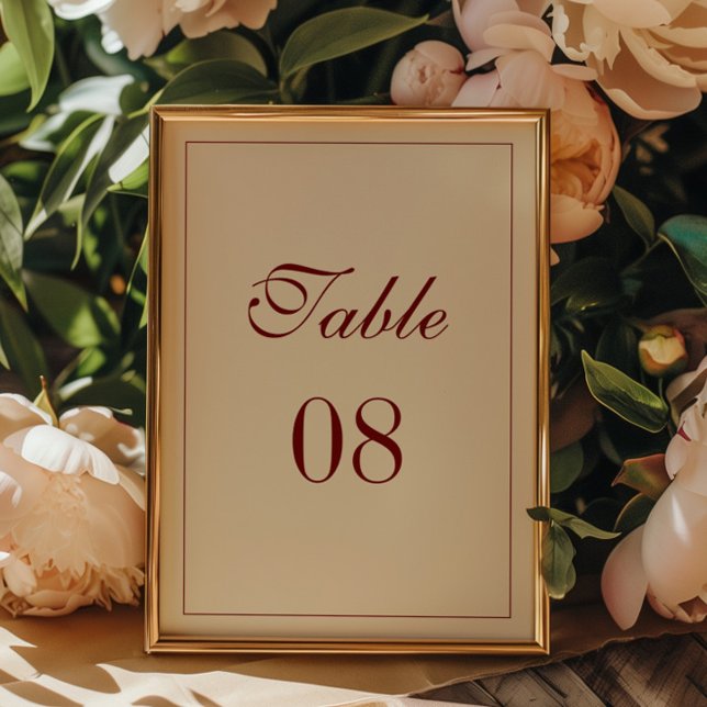 Numéro De Table Mariage Élégant Minimal Script Ivoire & Rouge Bord (Créateur téléchargé)