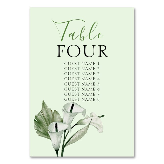 Numéro De Table Mariage Élégant Moderne aux Lys Calla Blancs (Dos)