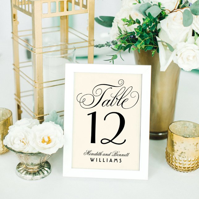 Numéro De Table Mariage Élégant Monogramme Script Ivoire Noir (Créateur téléchargé)