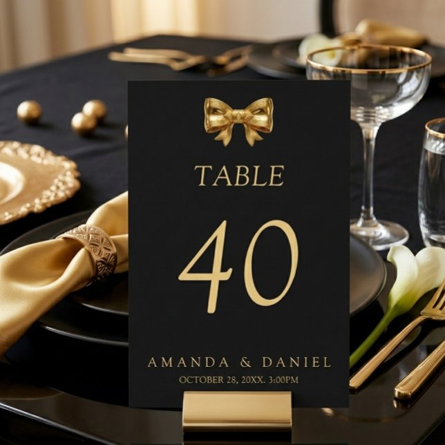 Numéro De Table Mariage Élégant Noir et Or Nœud Doré (Créateur téléchargé)