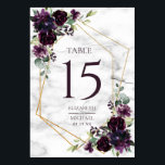 Numéro De Table Mariage élégant or géométrique prune violet marbre<br><div class="desc">Moderne et tendance, cette carte mariage de numéro de table présente une géométrie d'or imitation ornée d'aquarelle, de verdure d'eucalyptus et d'arrangements floraux de prune pourpre, sur une texture de marbre blanc imitation. Tout le texte est dans des couleurs violettes assorties, et le design est le même des deux côtés....</div>