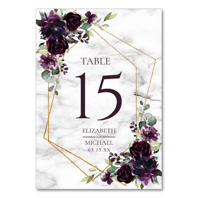 Numéro De Table Mariage élégant or géométrique prune violet marbre (Par défaut)