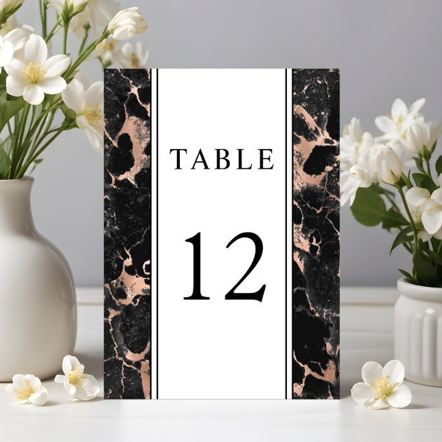Numéro De Table Mariage Élégant Rose Gold Marbre Noir  (Elegant Rose Gold Black Marble Wedding Table Number)