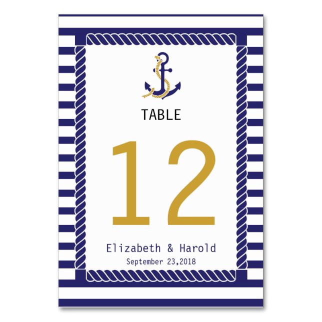 Numéro De Table Mariage Élégant sur le Thème Nautique avec Rayures (Dos)