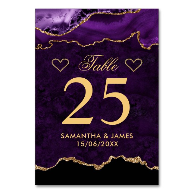 Numéro De Table Mariage en Agate Fausse Marbre Pailletée Violet et (Par défaut)
