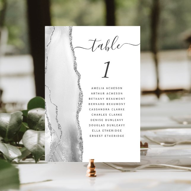 Numéro De Table Mariage en Agate Gris Blanc Argent (Créateur téléchargé)