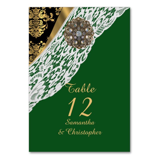 Numéro De Table Mariage en dentelle blanche noir vert et or damass (Par défaut)