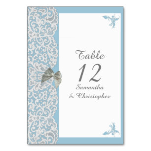 Numéro De Table Mariage en dentelle bleu pastel et blanc damassé