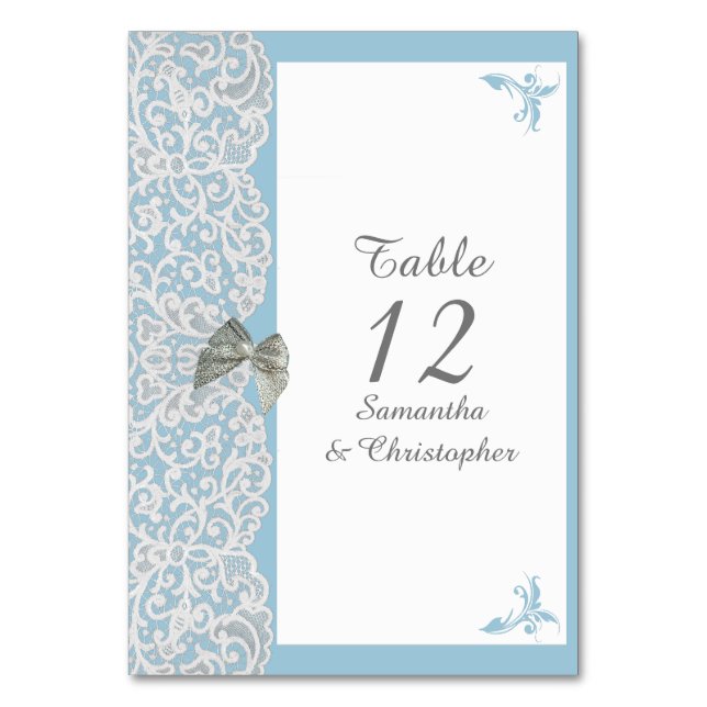 Numéro De Table Mariage en dentelle bleu pastel et blanc damassé (Par défaut)