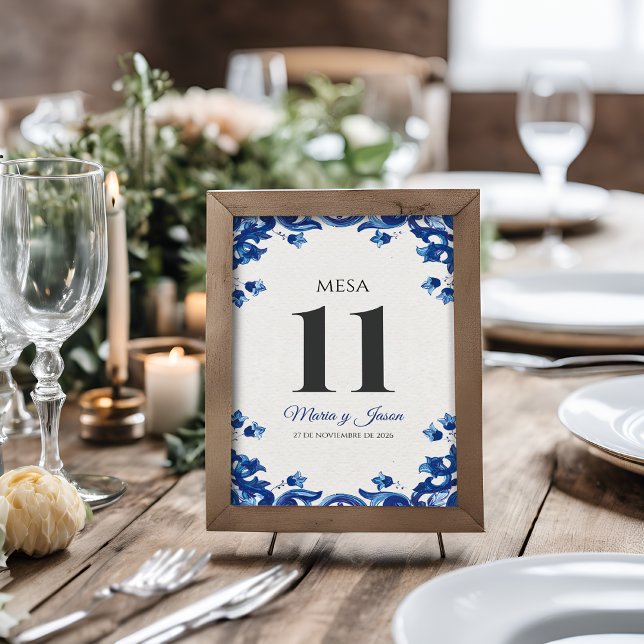 Numéro De Table Mariage Espagnol Élégant Fête Florale Bleue (Blue Floral Elegant Fiesta Spanish Wedding Table Number)