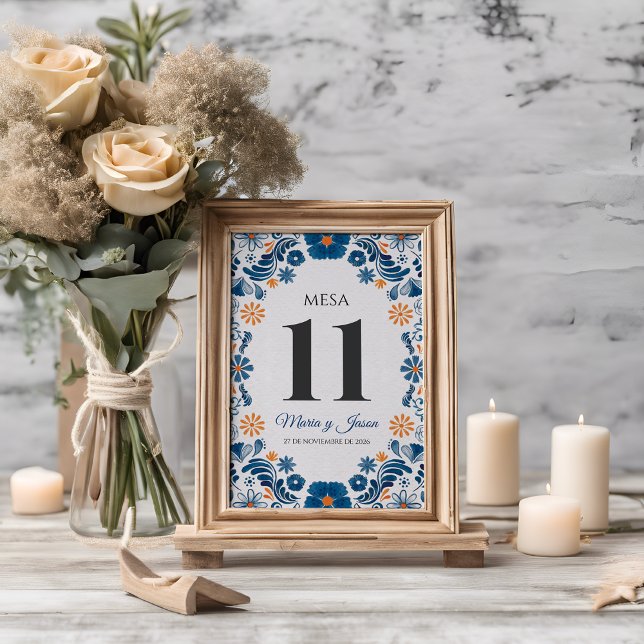 Numéro De Table Mariage Espagnol Élégant Fête Florale Orange Bleu (Blue Orange Floral Elegant Fiesta Spanish Wedding Table Number)