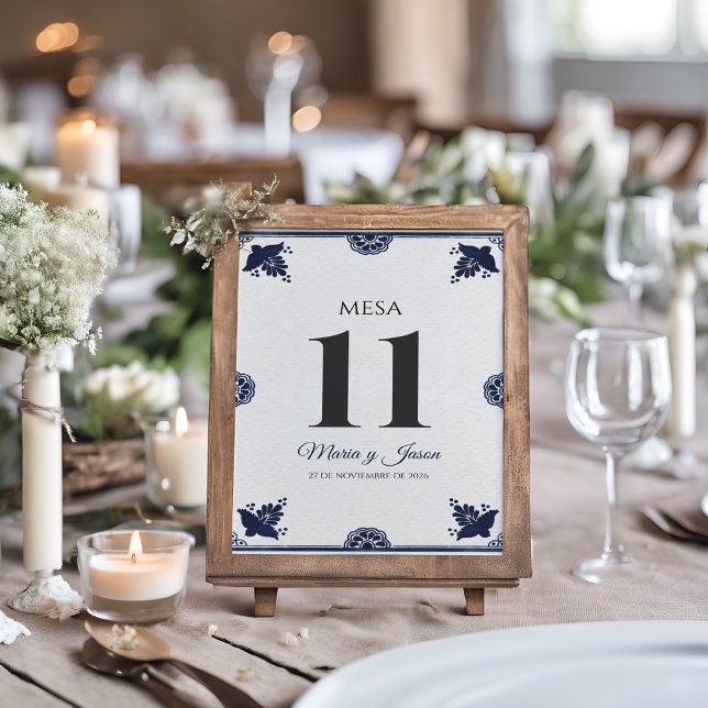 Numéro De Table Mariage espagnol simple fiesta Otomi floral bleu (Blue Floral Otomi Simple Fiesta Spanish Wedding Table Number)