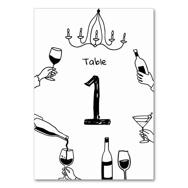 Numéro De Table Mariage Fantaisiste Moderne | Vin Doodle Dessiné à (Par défaut)