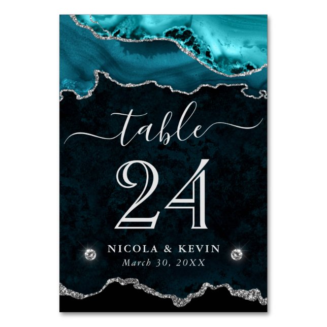Numéro De Table Mariage Faux Paillettes Agate Sarcelle et Argent (Par défaut)