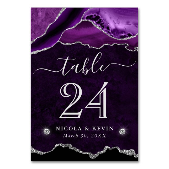 Numéro De Table Mariage Faux Paillettes Agate Violet et Argent (Par défaut)