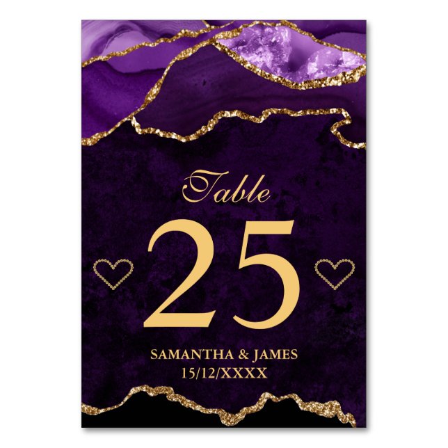 Numéro De Table Mariage Faux Paillettes Agate Violet et Or (Par défaut)