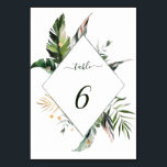 Numéro De Table Mariage Feuille de couleur d'eau tropicale<br><div class="desc">Cette carte de numéro de table mariage présente un feuillage tropical vert aquarelle, des feuilles de palmiers, des feuilles de bananes aux accents feuille faux or. Il est parfait pour une plage ou un mariage de destination. La couleur Arrière - plan peut être modifiée. >>> Découvrez l'ensemble de la collection...</div>
