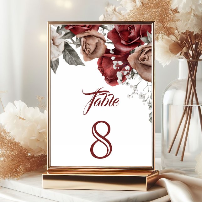 Numéro De Table Mariage Fleur de Roses Rouge Bourgogne (Créateur téléchargé)