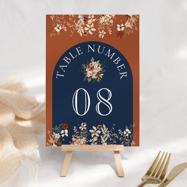 Numéro De Table Mariage Fleur de Terracotta Bleu Nuit (Créateur téléchargé)