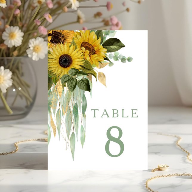 Numéro De Table Mariage Fleur de Tournesol Eucalyptus Sauge Vert (Floral Sunflower Eucalyptus Sage Green Wedding Table Number)