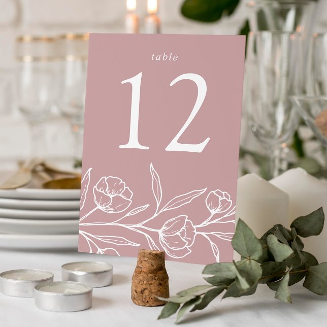 Numéro De Table Mariage Fleur Esquisée Rose Poussiéreuse (Créateur téléchargé)