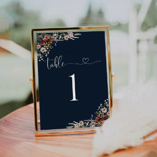 Numéro De Table Mariage Fleur sauvage bleu mince de la Marine Numé