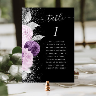 Numéro De Table Mariage Fleur Violet Argent Paillettes Noir