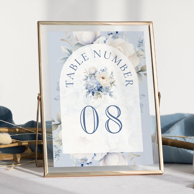Numéro De Table Mariage Fleurie Bleu Poussiéreux et Blanc (Créateur téléchargé)