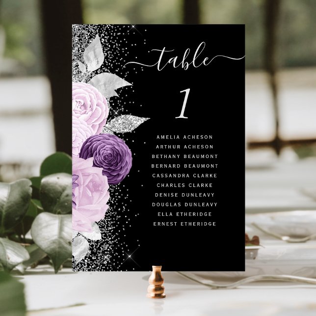 Numéro De Table Mariage Fleurie Violet Argent Pailleté Noir (Créateur téléchargé)