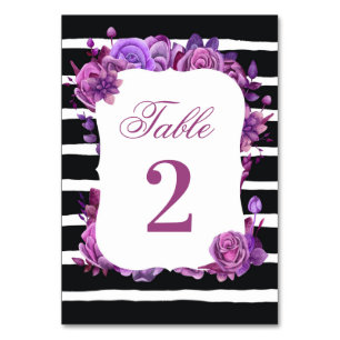 Numéro De Table Mariage fleurie violette et rose. Bandes noires