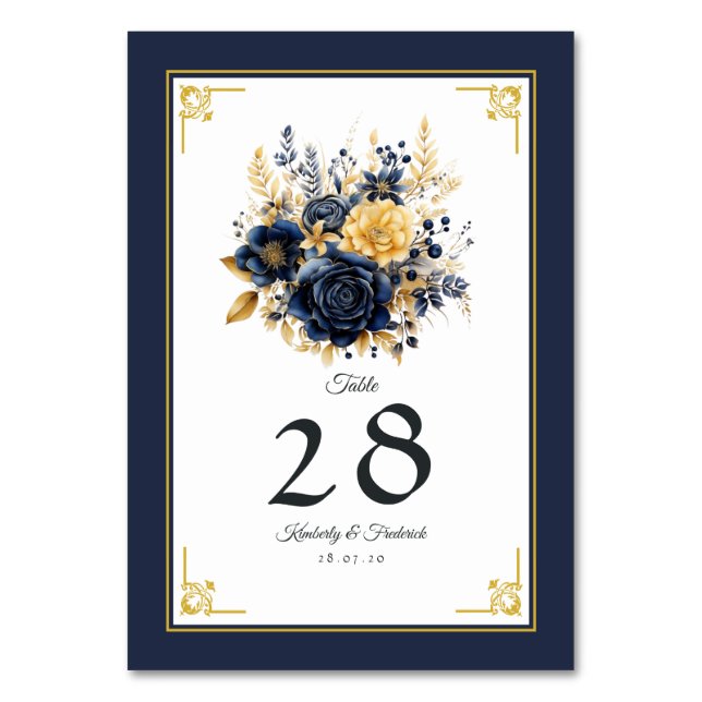 Numéro De Table Mariage Fleuris Bleu Marine et Or (Par défaut)