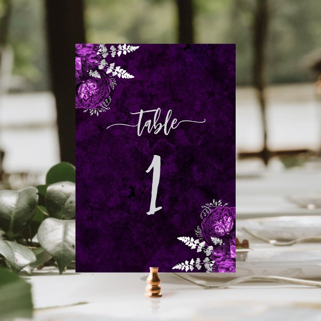 Numéro De Table Mariage Fleuris Élégant Prune Argent (Créateur téléchargé)