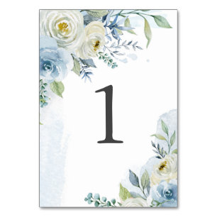 Numéro De Table Mariage Fleurs Aquarelle Bleu Poussiéreux et Blanc