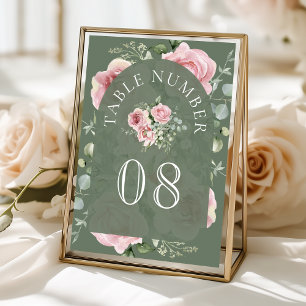 Numéro De Table Mariage Fleurs de Eucalyptus Vert Sauge Rose Tendr