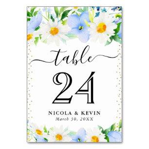 Numéro De Table Mariage Fleurs d'été bleues et marguerites à l'aqu