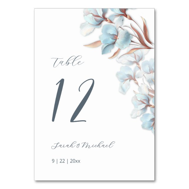 Numéro De Table Mariage Fleurs en couches bleues (Dos)