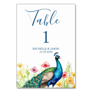 Numéro De Table Mariage Fleurs Paon Aquarelle Tendance Moderne